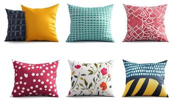 Collection of Colorful Decorative Pillows Featuring Unique Patterns and Textures Displayed Against a White Background photo