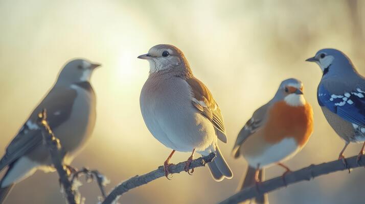 Four Colorful Birds Perched on a Branch Against a Soft Golden Background in Early Morning Light
