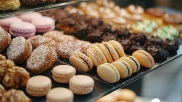 Delicious Assortment of Colorful Macarons and Pastries Displayed at a Bakery During a Sunny Afternoon photo