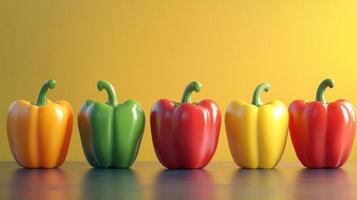 Colorful Bell Peppers Arranged in a Row Against a Bright Yellow Background photo