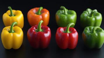 Colorful Bell Peppers Arranged Symmetrically on a Dark Surface Showcasing Fresh Produce Variety photo