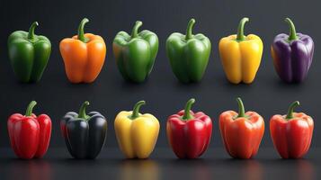 Colorful Variety of Bell Peppers Displayed on a Dark Surface in an Indoor Setting photo