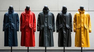 Colorful Raincoats Displayed on Mannequins Against a Modern Background in a Retail Store photo