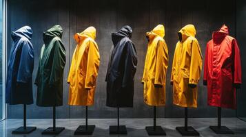 Display of Colorful Raincoats on Mannequins in Modern Boutique During Shopping Hour photo