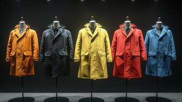 Colorful Raincoats Displayed on Mannequins in a Modern Retail Space During Evening Hours photo