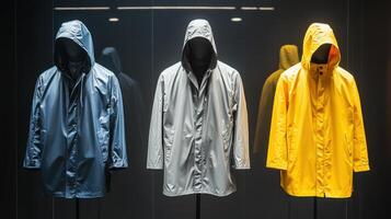 Three Stylish Raincoats Displayed on Mannequins in Modern Interior Showcase photo