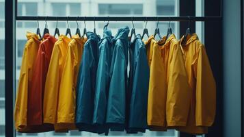Colorful Raincoats Displayed on Hangers in Modern Retail Store During Midday photo