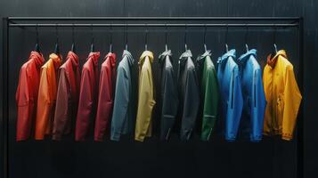 Colorful Array of Stylish Jackets Displayed on Hangers in a Modern Boutique During the Day photo