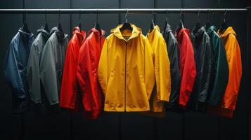 Variety of Colorful Rain Jackets Displayed on Hangers Inside a Clothing Boutique During the Evening Hours photo