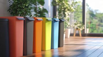 Colorful Recycling Bins in a Bright Indoor Environment Surrounded by Green Plants photo