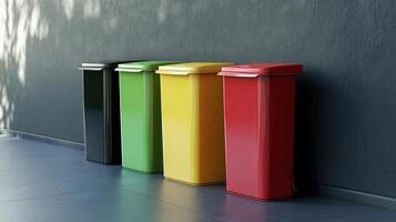 Four Colorful Recycling Bins Line Up Against A Dark Wall In An Urban Setting photo