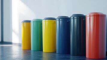 Colorful Waste Bins Organized Neatly in a Modern Indoor Space During Daytime photo