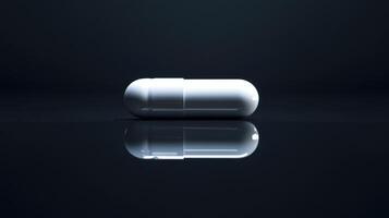 Close-Up of a Single White Capsule on a Reflective Surface With Dark Background at Studio Setting photo
