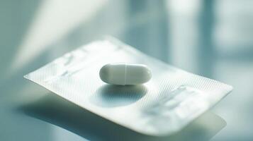 White Capsule on Blister Pack With Soft Lighting in a Modern Pharmacy Setting photo
