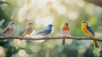 Colorful Birds Perched on a Branch Against a Softly Lit Nature Background During Early Morning photo