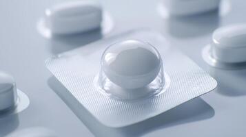 Close-Up View of White Pills on Blister Pack During Pharmacy Display in Bright Light photo