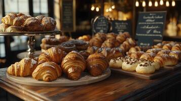 Delicious Assortment of Freshly Baked Pastries Displayed on Rustic Wooden Counter photo