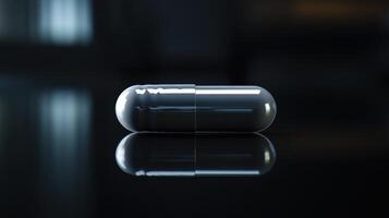 Close-Up Of A Glossy Capsule On A Reflective Surface In A Dimly Lit Setting photo
