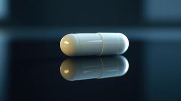 White Capsule Resting on a Glossy Surface in Dim Lighting Captured From a Close Angle photo