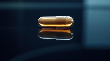 Single Amber Gel Capsule Reflecting On Black Surface In A Dimly Lit Room During Late Evening Hours photo