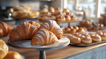 Freshly Baked Pastries Displayed on Elegant Stands in a Cozy Bakery During Morning Hours photo