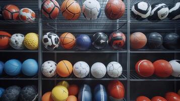 Display of Various Sports Balls Organized on Shelves in a Sports Equipment Store photo
