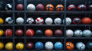 A Colorful Collection of Various Sports Balls Organized on Shelves in a Storage Room photo