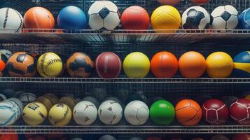 A Colorful Display of Various Sports Balls Organized on Shelves in a Sports Equipment Store photo