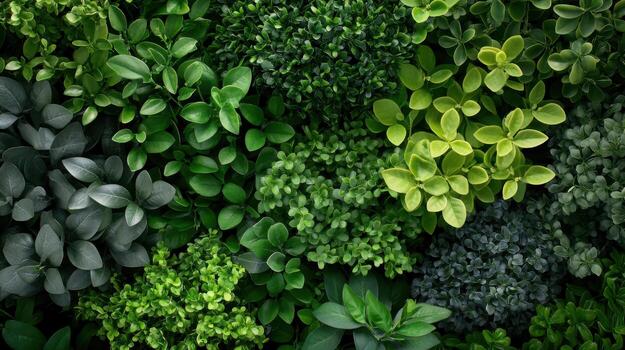 Lush Display of Various Green Plants Arranged Together Under Natural Light in a Garden Setting photo