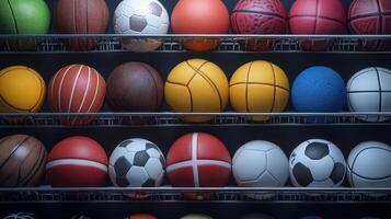 Collection of Colorful Sports Balls Displayed on Shelves in a Playful Setting photo