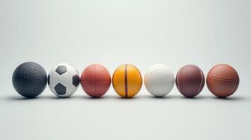 Collection of Various Sports Balls Lined Up in a Row on a Light Background photo