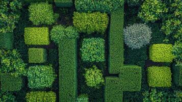 Beautifully Manicured Topiary Garden With Varied Green Hedges and Plants Under Bright Sunlight in a Scenic Landscape photo