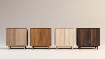 Modern Wooden Cabinets in Various Finishes Displayed in Minimalist Interior Setting photo
