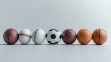 Collection of Various Sports Balls Include Football, Baseball, Soccer Ball, Tennis Ball, and More Lined Up on a Simple Background photo