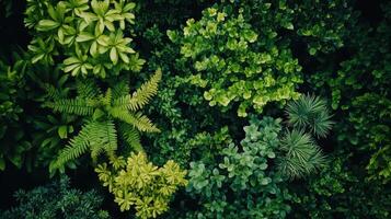 Aerial View of Lush Green Plants and Foliage in a Dense Tropical Garden During Early Morning Light photo
