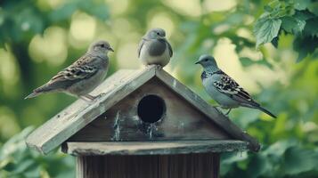 Three Birds Resting on a Birdhouse Surrounded by Greenery During a Sunny Afternoon photo