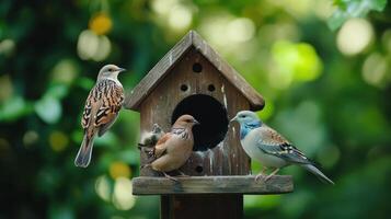 Colorful Birds Gathering Around Rustic Birdhouse in Lush Green Garden During Sunny Afternoon photo