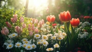 Colorful Spring Garden Blooming With Tulips, Daisies, and Other Flowers Bathed in Warm Evening Light photo