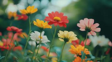 Colorful Flower Garden Blooming in Spring Sunshine With Vibrant Petals and Lush Greenery photo