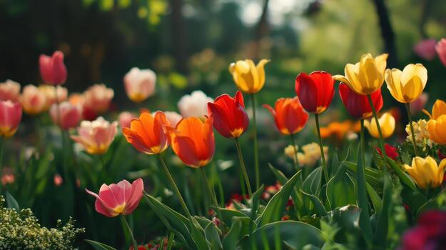 vibrante tulipán jardín en lleno floración durante primavera tarde Brillo Solar foto
