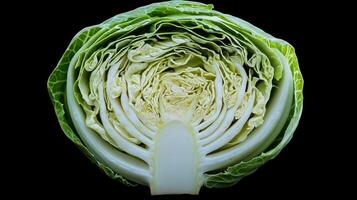 Freshly Cut Green Cabbage Halved to Reveal Intricate Layers Inside Against Black Background photo
