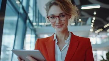 Professional Female in Red Suit Smiling While Using Tablet in Modern Office Environment photo