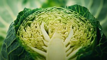 Freshly Cut Cabbage Halved to Expose Intricate Leaf Patterns in Bright Green Background photo