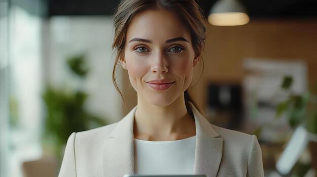 profesional mujer sonriente mientras participación un tableta en un moderno oficina ajuste durante luz foto