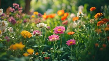 vibrante jardín floreciente con vistoso flores en lleno floración en un soleado día foto