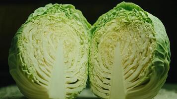 Freshly Cut Green Cabbage Halves Displaying Intricate Leaf Structure on Dark Background photo
