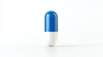 Bright Blue and White Capsule Standing Upright on Smooth White Surface in Well-Lit Setting photo