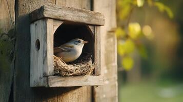A Small Bird Nesting in a Wooden Birdhouse Surrounded by Lush Greenery During Golden Hour photo