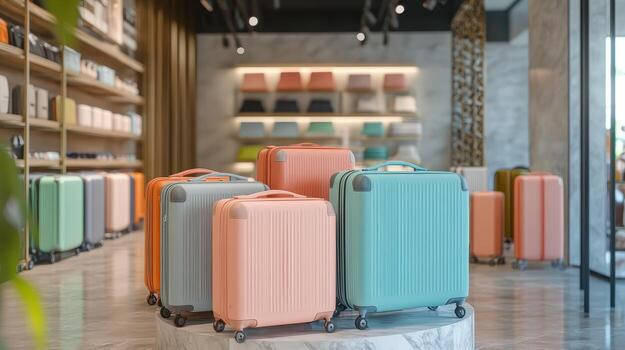 Colorful Luggage Display in a Modern Retail Store With Stylish Design Elements photo