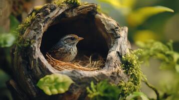 Small Brown Bird Sitting Peacefully in Its Nest Within a Hollowed Tree Trunk Surrounded by Vibrant Green Foliage in a Tranquil Forest Setting photo
